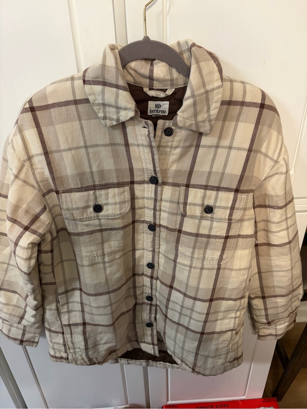 Tentree Cream and Brown Plaid Utility Jacket, women’s xs
